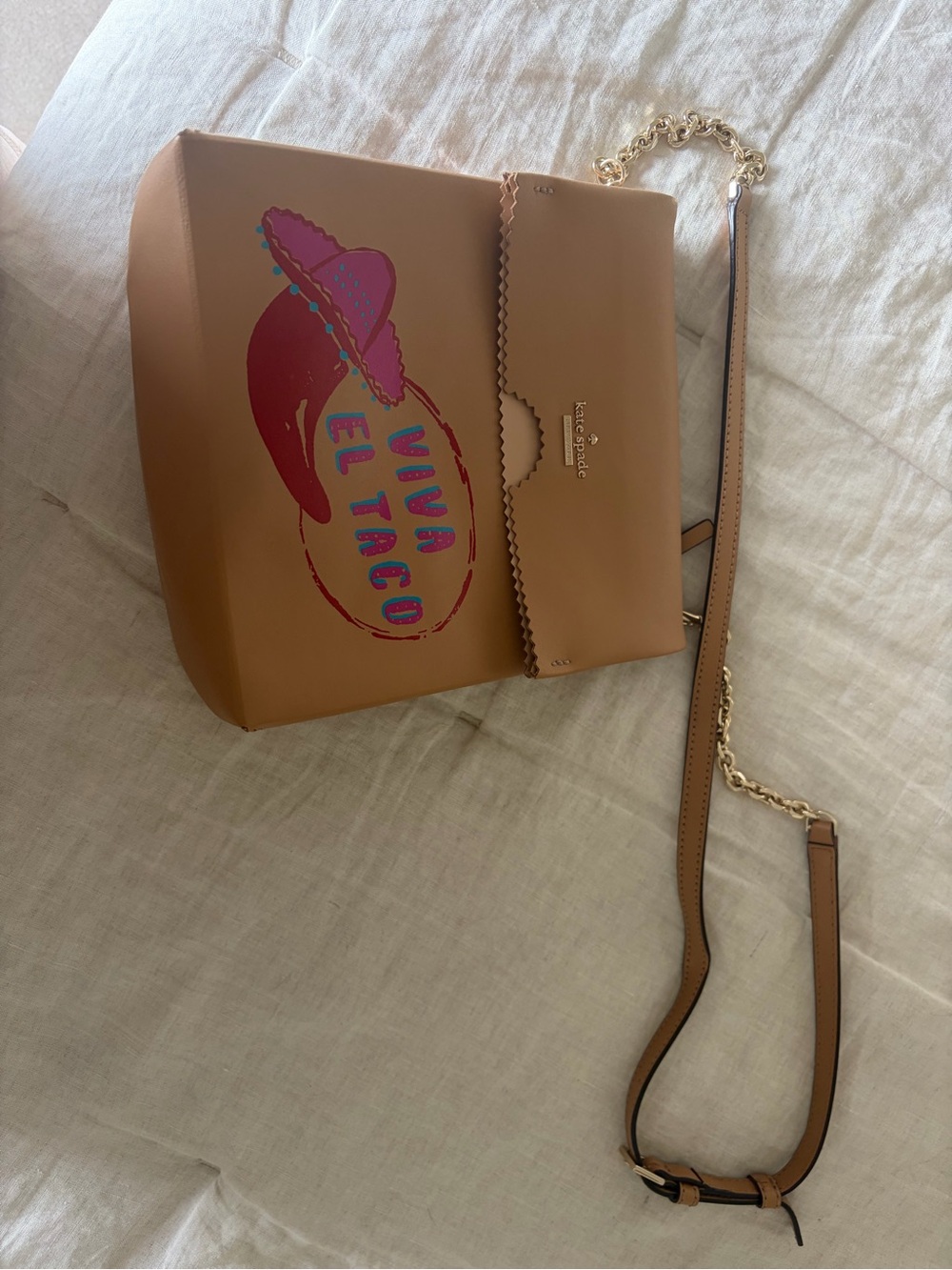 kate spade Tan Crossbody Bag with Colorful 'Viva El Taco' Graphic